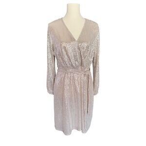 JM Studio‎ by John Meyer Metallic Sequin Wrap Dress Gold Size 14 Long Sleeve